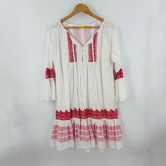 Roller Rabbit Red White Boho Embroidered Tunic Dress Cotton Size Medium - Picture 10 of 10